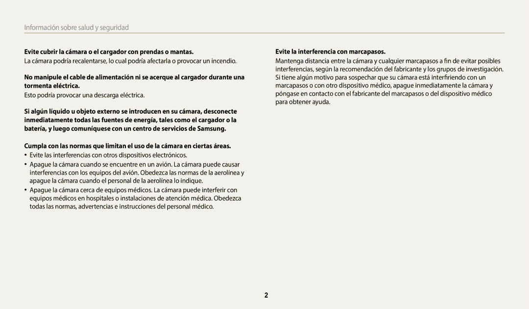 Samsung EC-WB800FBPBE1 Evite cubrir la cámara o el cargador con prendas o mantas, Evite la interferencia con marcapasos 