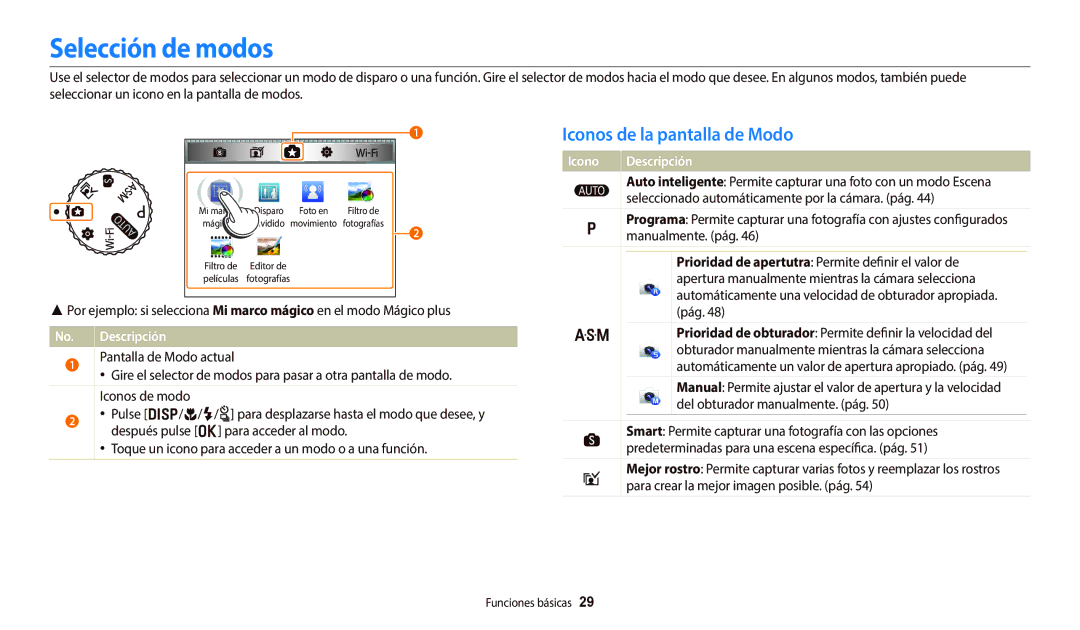 Samsung EC-WB800FBPWIL, EC-WB700ZBPBE1, EC-WB800FBPWE1, EC-WB800FFPWE1 Selección de modos, Iconos de la pantalla de Modo 