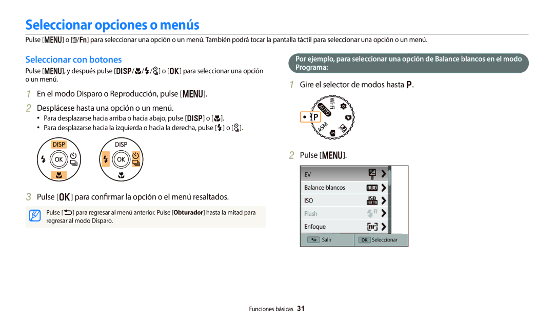 Samsung EC-WB700ZBPBE1 Seleccionar opciones o menús, Seleccionar con botones, Gire el selector de modos hasta p Pulse m 