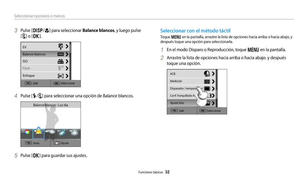 Samsung EC-WB800FBPWE1 manual Seleccionar con el método táctil, Pulse F/t para seleccionar una opción de Balance blancos 