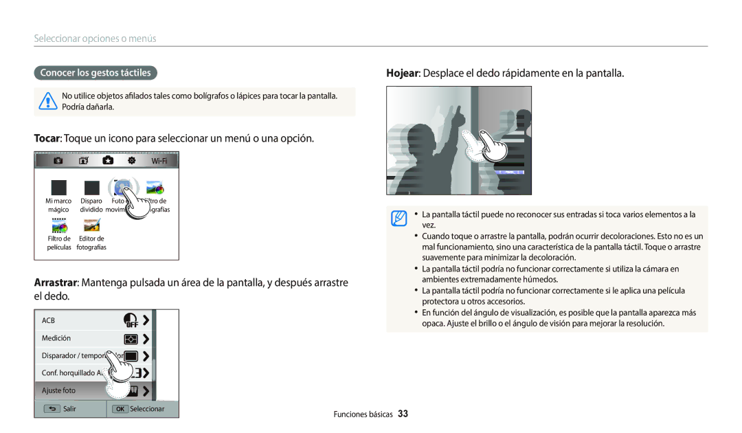 Samsung EC-WB800FFPWE1, EC-WB700ZBPBE1, EC-WB800FBPWE1, EC-WB800FBPBE1, EC-WB800FFPBE1 manual Conocer los gestos táctiles 