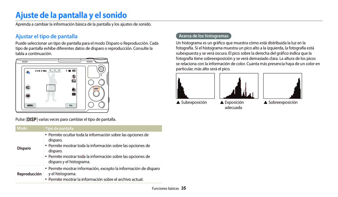 Samsung EC-WB800FFPBE1 Ajuste de la pantalla y el sonido, Ajustar el tipo de pantalla, Acerca de los histogramas, Disparo 