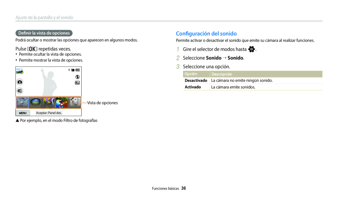 Samsung EC-WB800FBPRIL, EC-WB700ZBPBE1 manual Configuración del sonido, Pulse o repetidas veces, Seleccione Sonido “ Sonido 