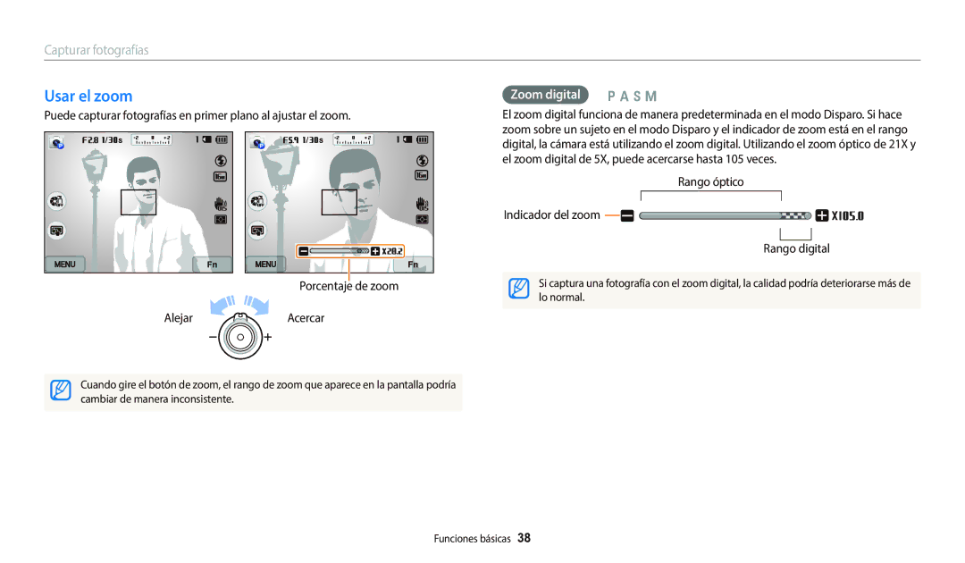 Samsung EC-WB800FBPBIL, EC-WB700ZBPBE1 Usar el zoom, Zoom digital p a h M, Rango óptico Indicador del zoom Rango digital 