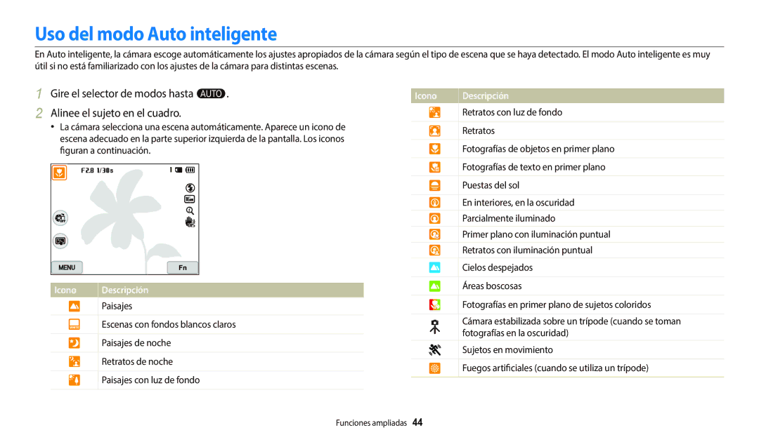 Samsung EC-WB800FBPRIL, EC-WB700ZBPBE1, EC-WB800FBPWE1, EC-WB800FFPWE1, EC-WB800FBPBE1 manual Uso del modo Auto inteligente 