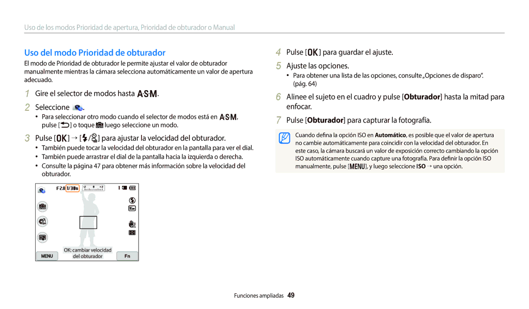 Samsung EC-WB800FFPWE1 manual Uso del modo Prioridad de obturador, Pulse o “ F/t para ajustar la velocidad del obturador 