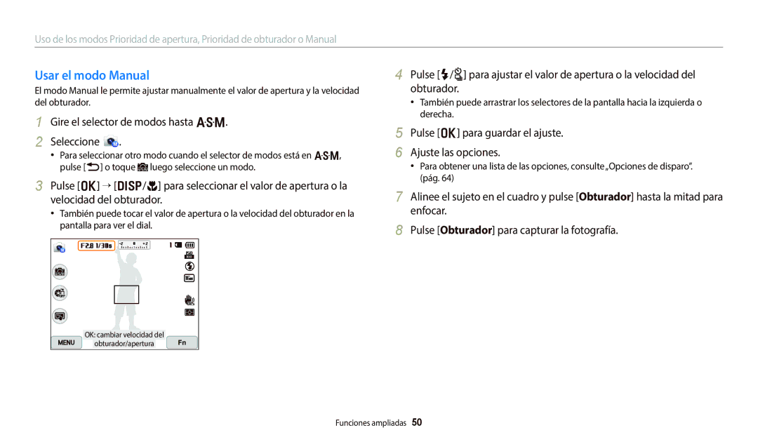 Samsung EC-WB800FBPBE1, EC-WB700ZBPBE1, EC-WB800FBPWE1, EC-WB800FFPWE1, EC-WB800FFPBE1, EC-WB800FBPRIL Usar el modo Manual 