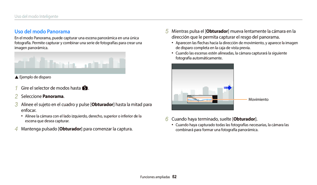 Samsung EC-WB800FBPRIL, EC-WB700ZBPBE1 manual Uso del modo Panorama, Mantenga pulsado Obturador para comenzar la captura 