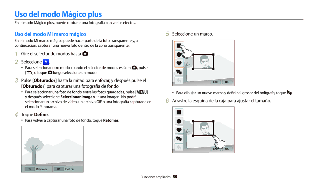 Samsung EC-WB700ZBPBE1 manual Uso del modo Mágico plus, Uso del modo Mi marco mágico, Toque Definir, Seleccione un marco 