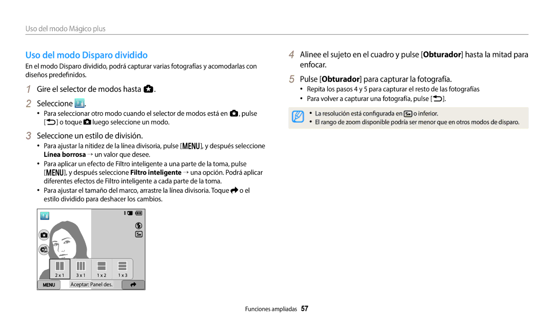Samsung EC-WB800FFPWE1, EC-WB700ZBPBE1, EC-WB800FBPWE1 manual Uso del modo Disparo dividido, Seleccione un estilo de división 