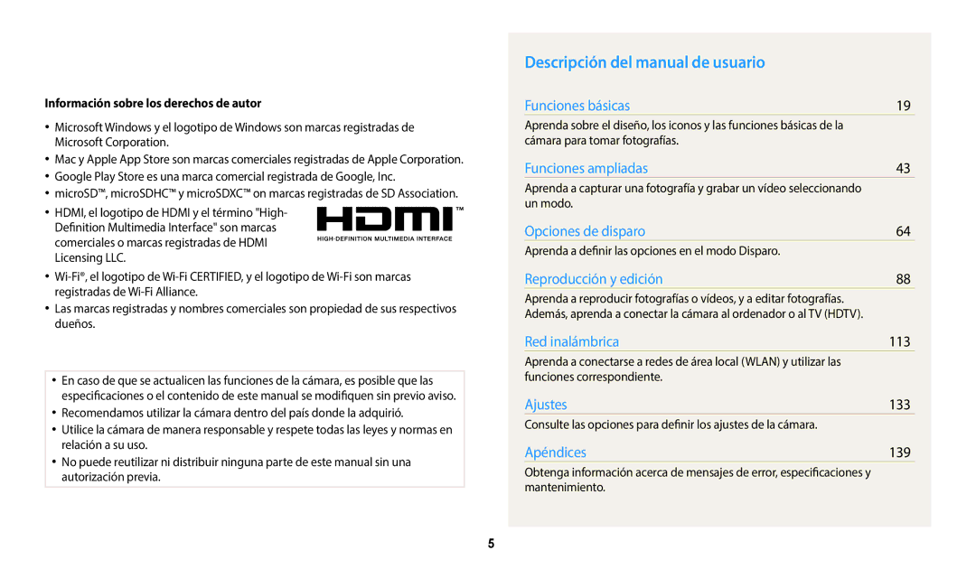 Samsung EC-WB800FBPWIL, EC-WB700ZBPBE1 Descripción del manual de usuario, Información sobre los derechos de autor, Un modo 