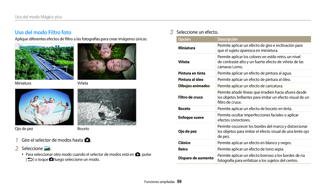 Samsung EC-WB800FFPBE1, EC-WB700ZBPBE1, EC-WB800FBPWE1, EC-WB800FFPWE1 manual Uso del modo Filtro foto, Seleccione un efecto 