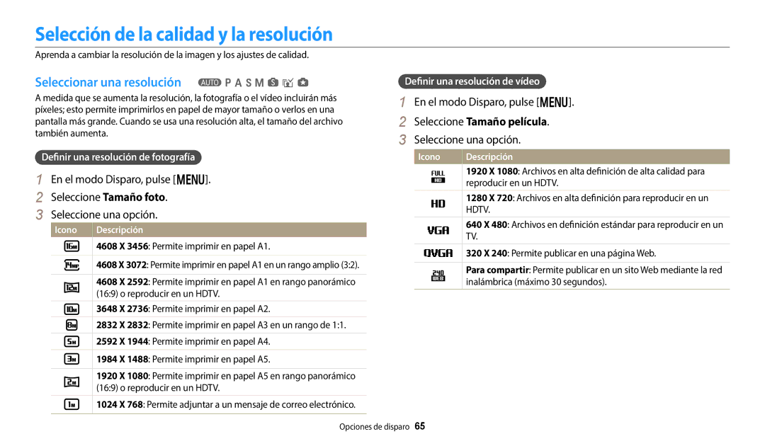 Samsung EC-WB800FFPWE1, EC-WB700ZBPBE1 Selección de la calidad y la resolución, Seleccionar una resolución T p a h M s i g 