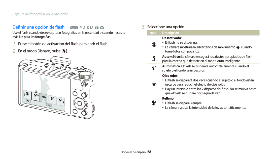 Samsung EC-WB800FBPRIL, EC-WB700ZBPBE1 manual Definir una opción de flash T p a h M s g, Desactivado, Ojos rojos, Relleno 