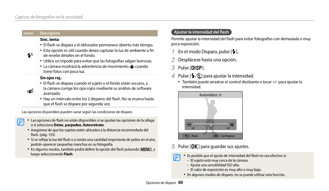 Samsung EC-WB800FBPWIL, EC-WB700ZBPBE1, EC-WB800FBPWE1 manual Ajustar la intensidad del flash, Sinc. lenta, Sin ojos roj 