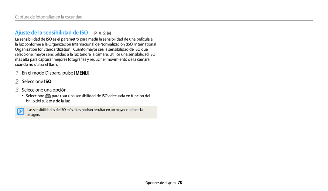 Samsung EC-WB800FBPBIL, EC-WB700ZBPBE1, EC-WB800FBPWE1, EC-WB800FFPWE1 manual Ajuste de la sensibilidad de ISO p a h M 