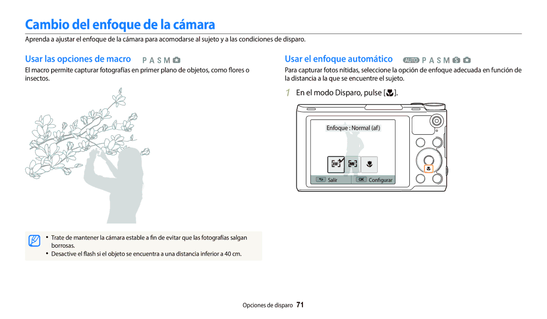 Samsung EC-WB700ZBPBE1, EC-WB800FBPWE1, EC-WB800FFPWE1 manual Cambio del enfoque de la cámara, En el modo Disparo, pulse c 