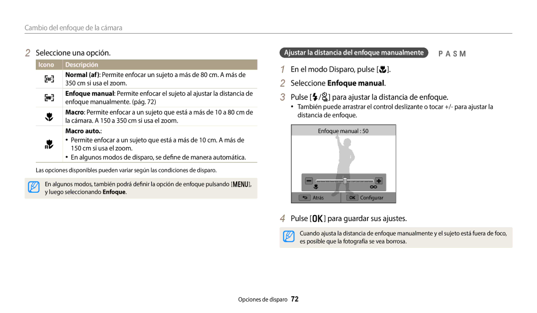 Samsung EC-WB800FBPWE1 Seleccione Enfoque manual, Pulse F/t para ajustar la distancia de enfoque, Macro auto 