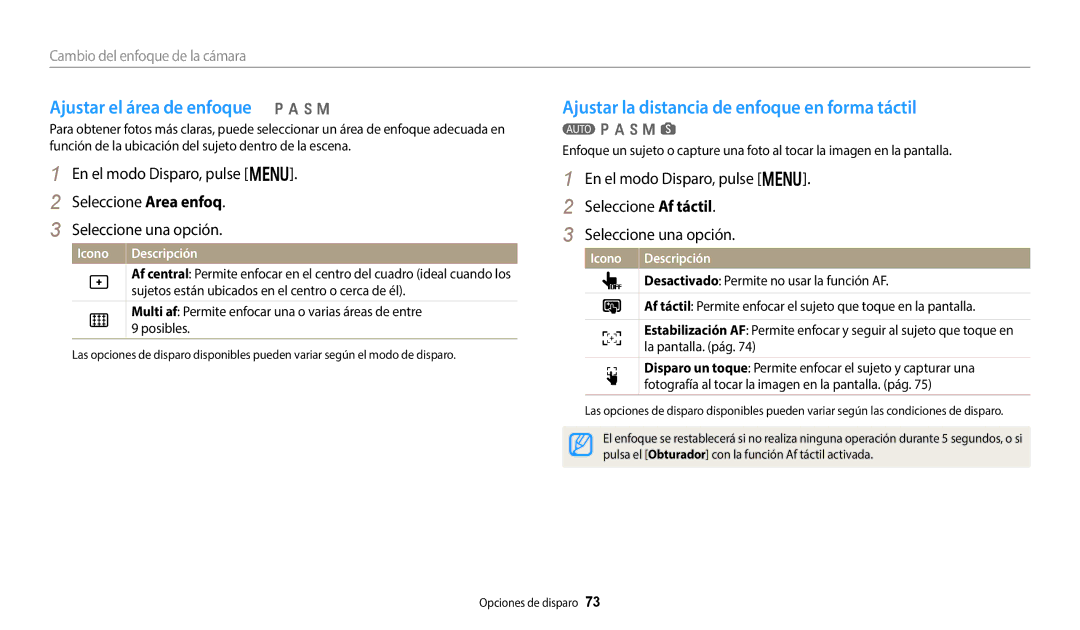 Samsung EC-WB800FFPWE1, EC-WB700ZBPBE1 Ajustar el área de enfoque p a h M, Ajustar la distancia de enfoque en forma táctil 