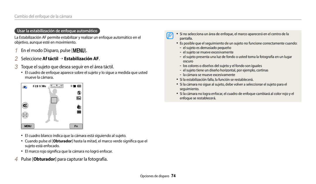 Samsung EC-WB800FBPBE1 manual Seleccione Af táctil “ Estabilización AF, Toque el sujeto que desea seguir en el área táctil 