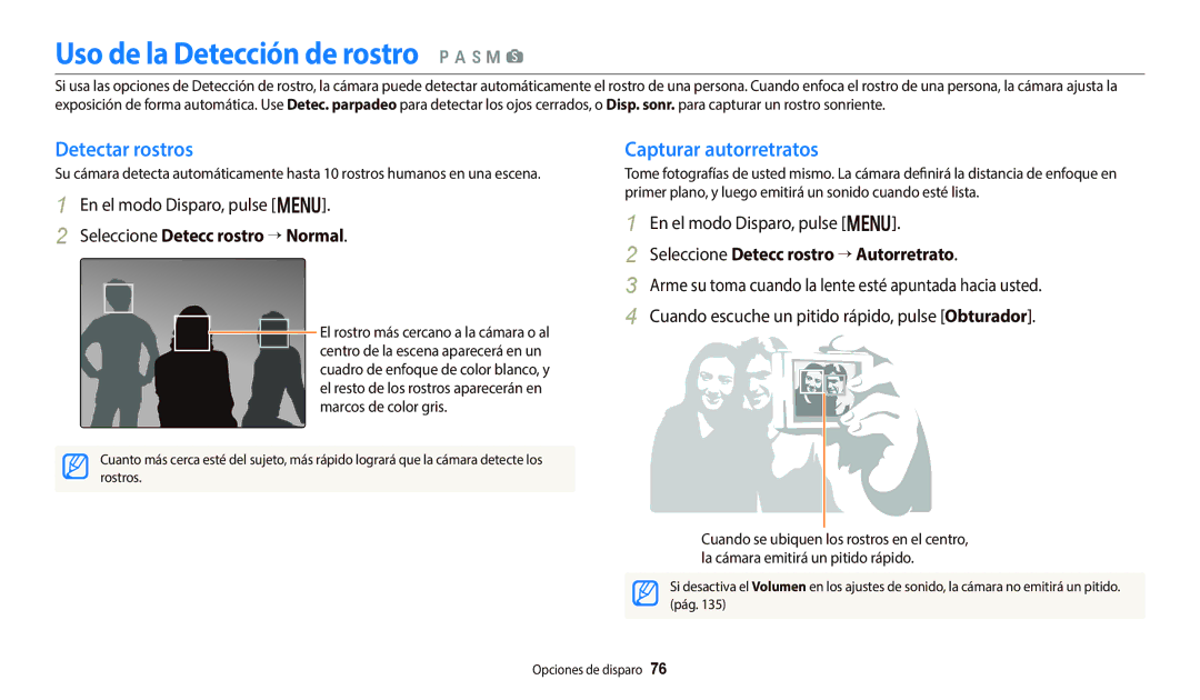 Samsung EC-WB800FBPRIL, EC-WB700ZBPBE1 Uso de la Detección de rostro p a h M s, Detectar rostros, Capturar autorretratos 