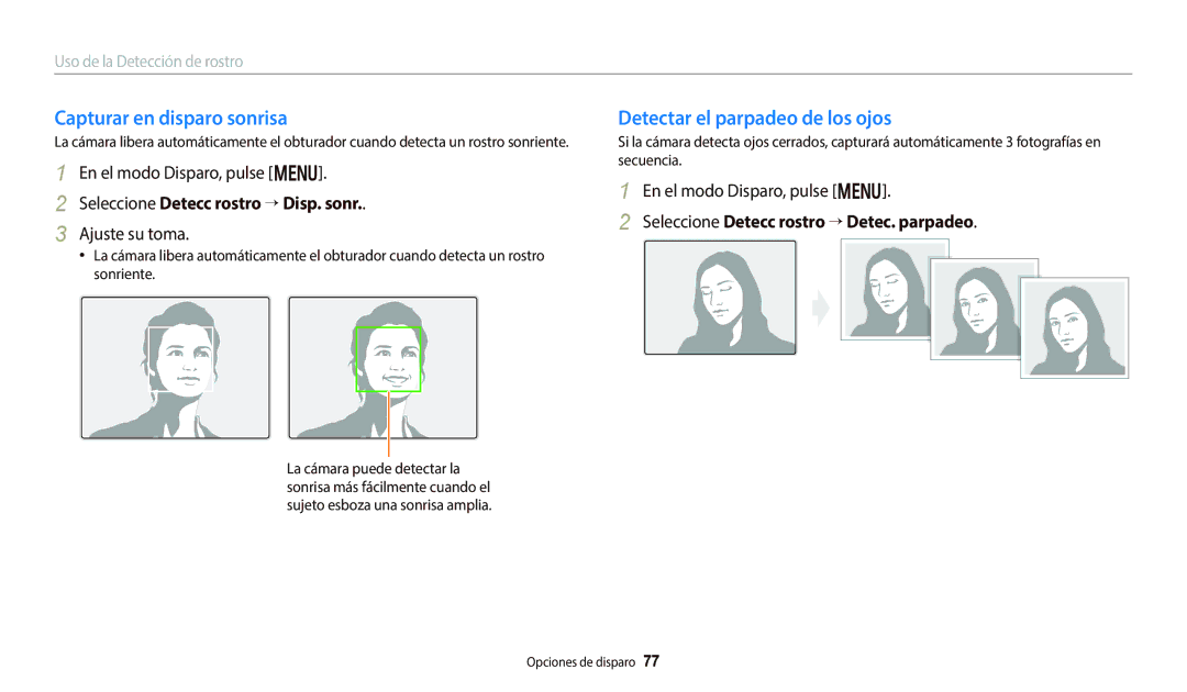 Samsung EC-WB800FBPWIL, EC-WB700ZBPBE1 manual Capturar en disparo sonrisa, Detectar el parpadeo de los ojos, Ajuste su toma 