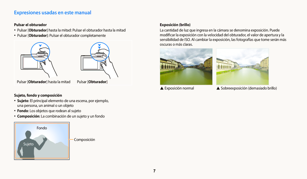 Samsung EC-WB700ZBPBE1, EC-WB800FBPWE1 Expresiones usadas en este manual, Pulsar el obturador, Sujeto, fondo y composición 