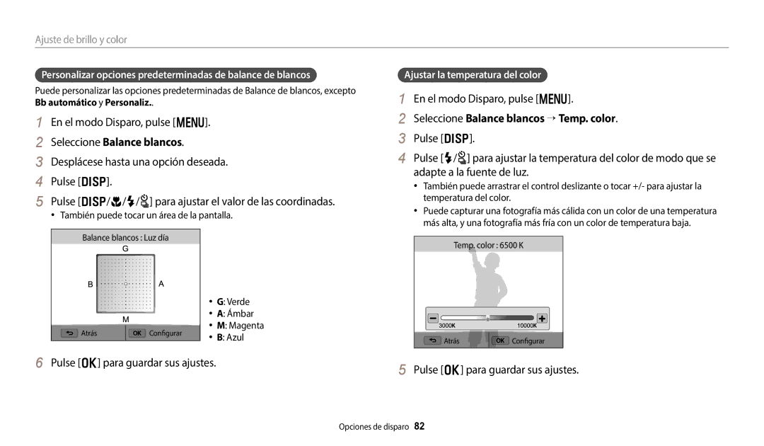 Samsung EC-WB800FBPBE1, EC-WB700ZBPBE1 manual Seleccione Balance blancos “ Temp. color, Ajustar la temperatura del color 