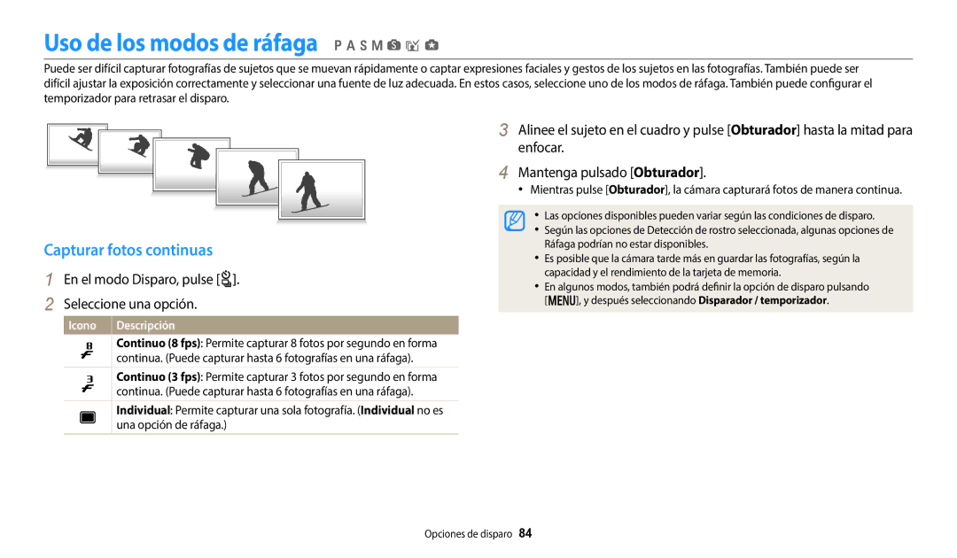 Samsung EC-WB800FBPRIL manual Uso de los modos de ráfaga p a h M s i g, Capturar fotos continuas, Una opción de ráfaga 