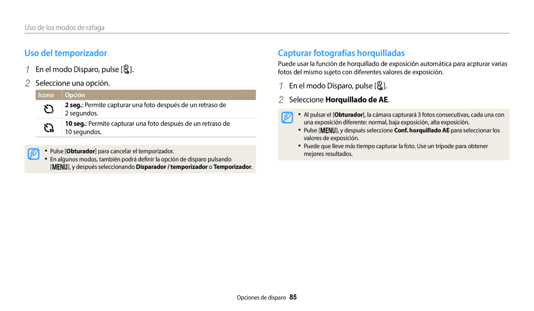 Samsung EC-WB800FBPWIL Uso del temporizador, Capturar fotografías horquilladas, En el modo Disparo, pulse t, Icono Opción 