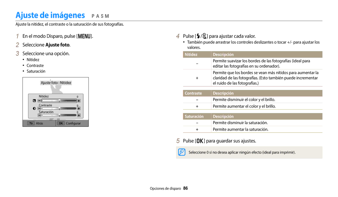 Samsung EC-WB800FBPBIL, EC-WB700ZBPBE1, EC-WB800FBPWE1 manual Ajuste de imágenes p a h M, Pulse F/t para ajustar cada valor 