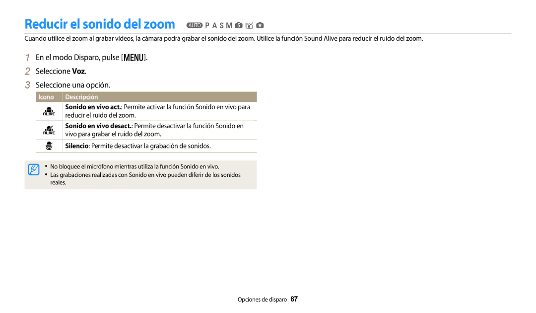 Samsung EC-WB700ZBPBE1, EC-WB800FBPWE1, EC-WB800FFPWE1 manual Reducir el sonido del zoom T p a h M s i g, Icono Descripción 