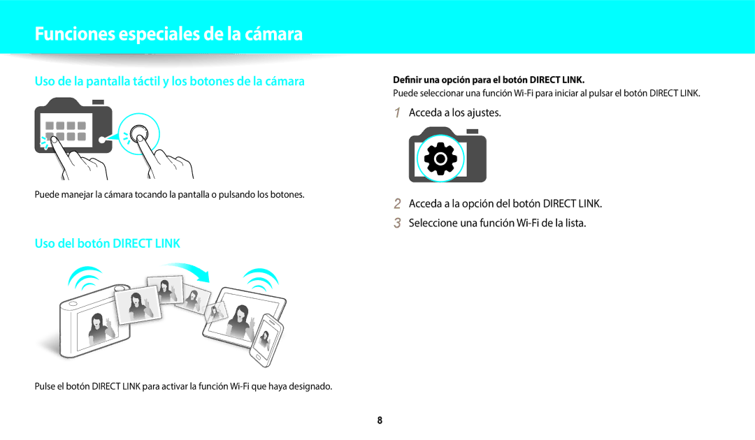 Samsung EC-WB800FBPWE1, EC-WB700ZBPBE1 Funciones especiales de la cámara, Definir una opción para el botón Direct Link 