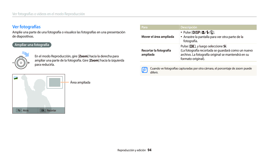Samsung EC-WB800FBPBIL manual Ver fotografías, Ampliar una fotografía, Para Descripción, Recortar la fotografía, Ampliada 