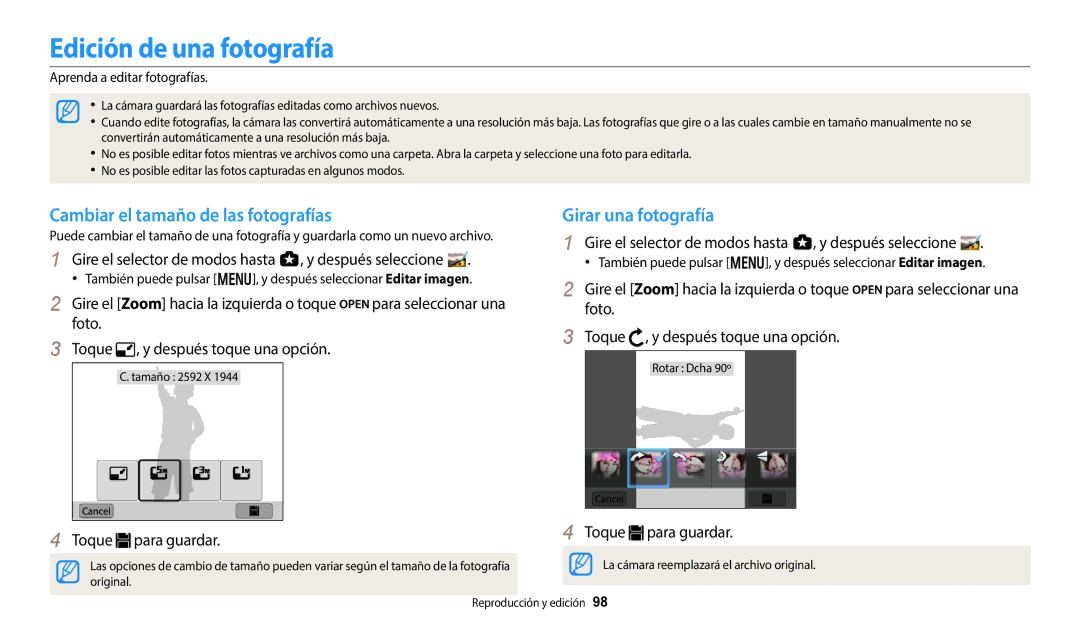 Samsung EC-WB800FBPBE1, EC-WB700ZBPBE1 Edición de una fotografía, Cambiar el tamaño de las fotografías, Toque para guardar 