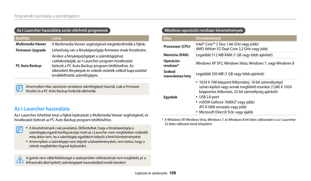 Samsung EC-WB800FFPBE3 Az i-Launcher használata során elérhető programok, Windows operációs rendszer követelmények 