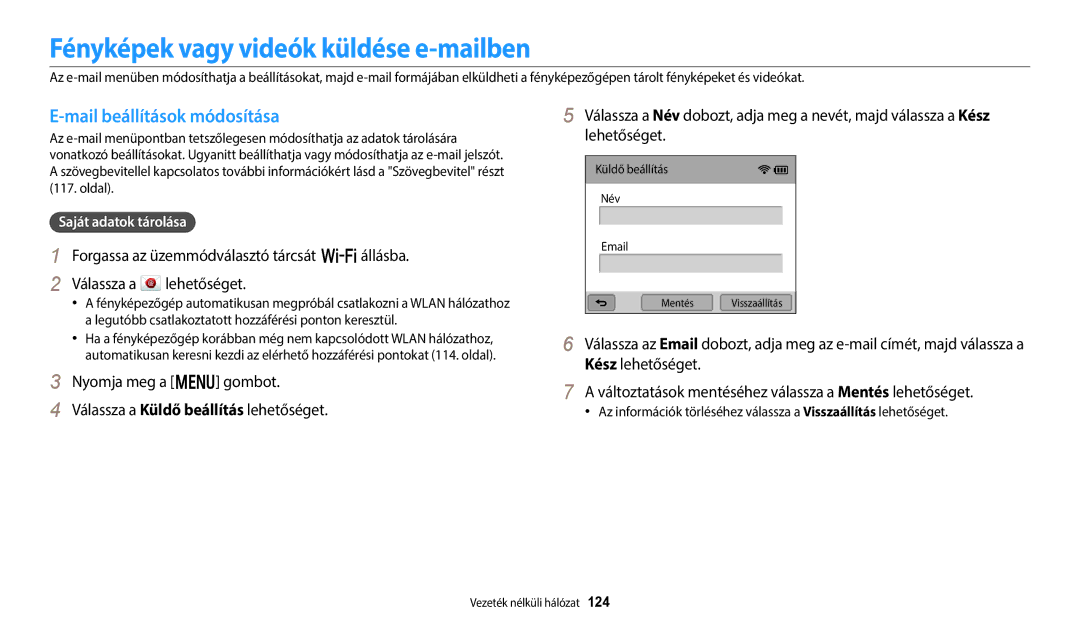 Samsung EC-WB700ZBPSE3 manual Fényképek vagy videók küldése e-mailben, Mail beállítások módosítása, Saját adatok tárolása 