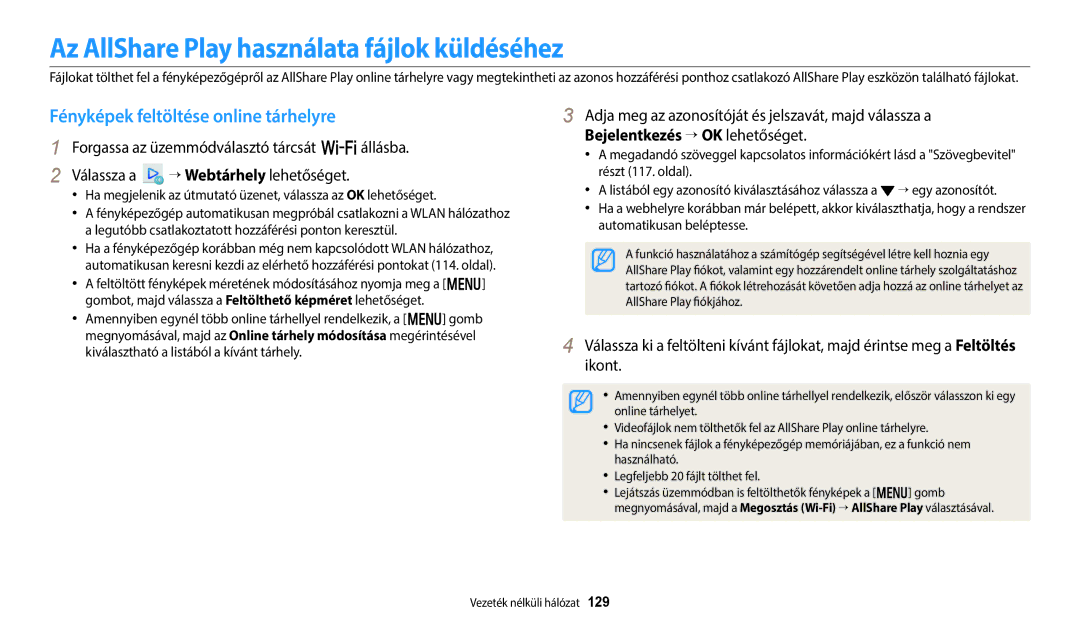 Samsung EC-WB700ZBPBE2 manual Az AllShare Play használata fájlok küldéséhez, Fényképek feltöltése online tárhelyre 