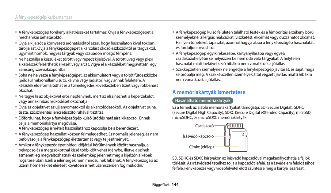 Samsung EC-WB800FFPBE3 Memóriakártyák ismertetése, Használható memóriakártyák, Csatlakozó Írásvédő kapcsoló Címke előlap 