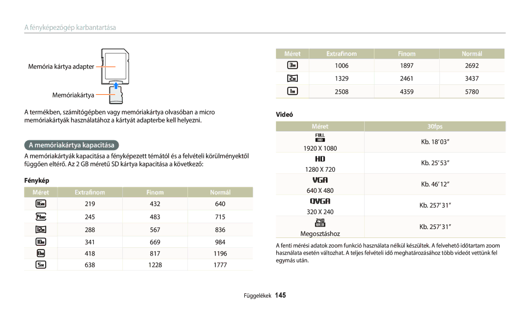 Samsung EC-WB800FBPBE3 manual Memóriakártya kapacitása, Fénykép, Méret Extrafinom Finom Normál, Videó, Méret 30fps 