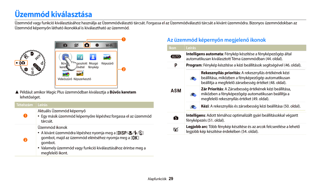 Samsung EC-WB700ZBPBE3, EC-WB700ZBPBE1 manual Üzemmód kiválasztása, Az üzemmód képernyőn megjelenő ikonok, Tételszám Leírás 