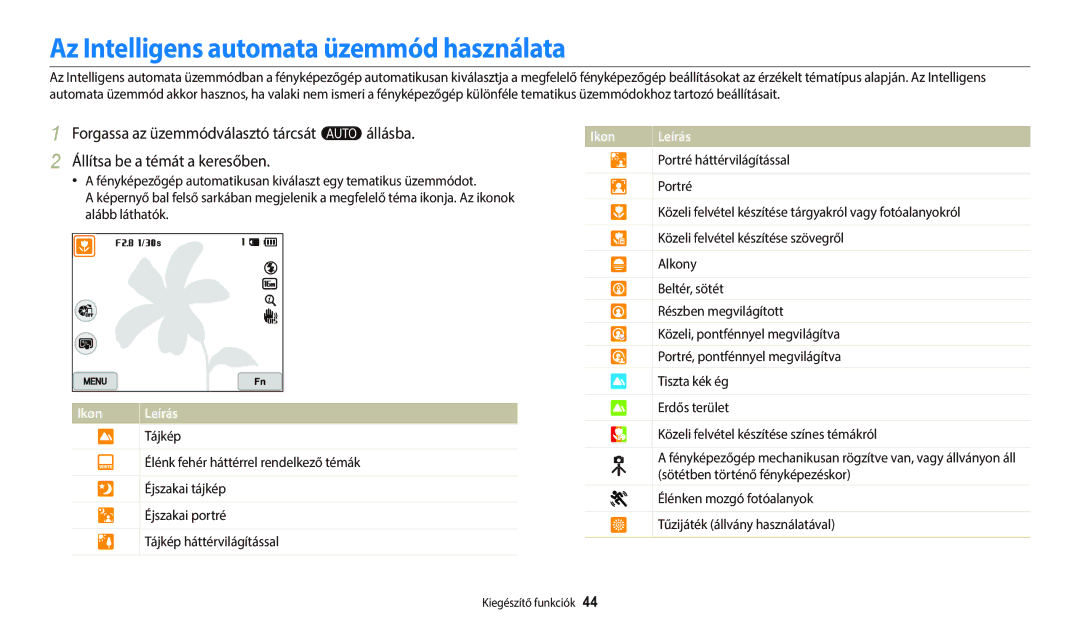 Samsung EC-WB800FBPWE2, EC-WB700ZBPBE1, EC-WB800FFPBE3, EC-WB800FBPBE3 manual Az Intelligens automata üzemmód használata 