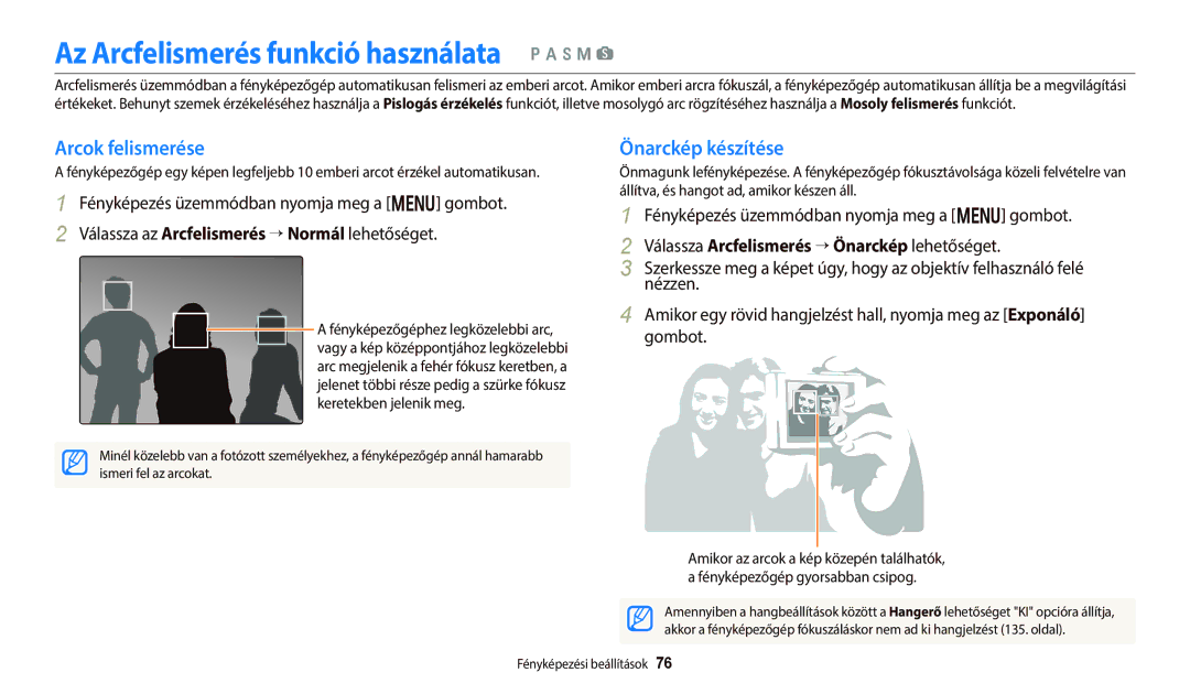 Samsung EC-WB700ZBPSE3 manual Az Arcfelismerés funkció használata p a h M s, Arcok felismerése, Önarckép készítése 