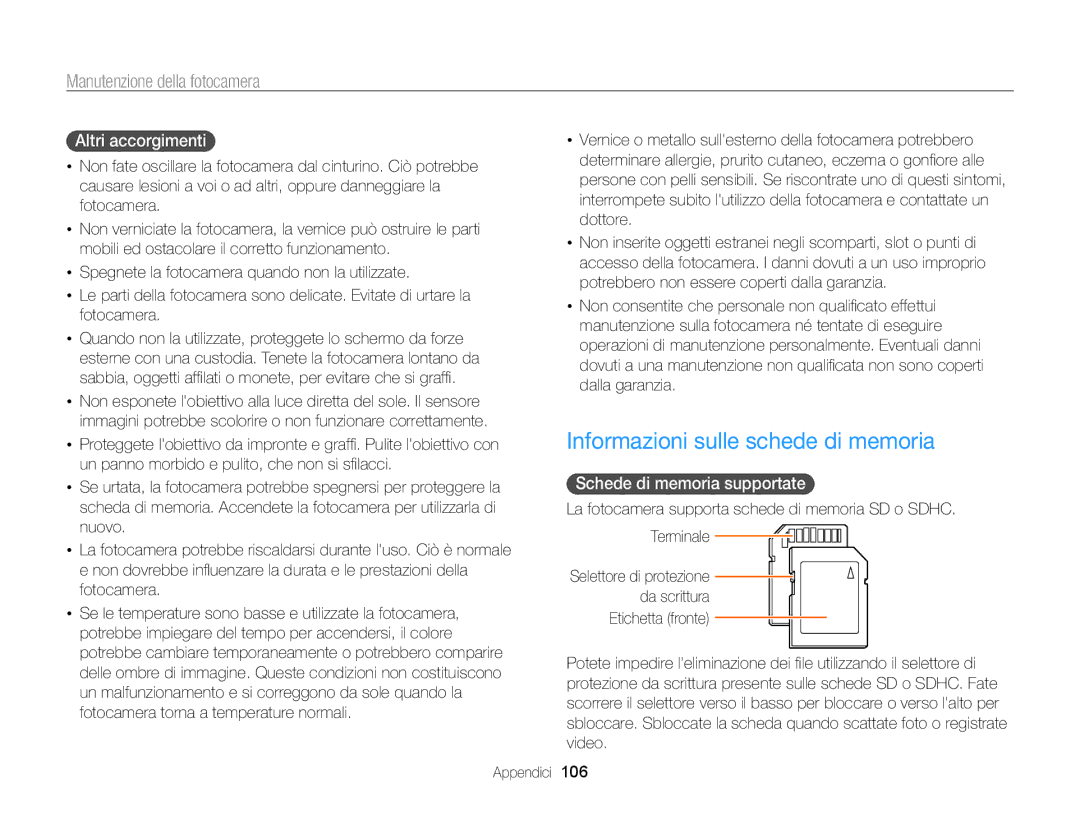 Samsung EC-WB700ZBPBE1 manual Informazioni sulle schede di memoria, Altri accorgimenti, Schede di memoria supportate 