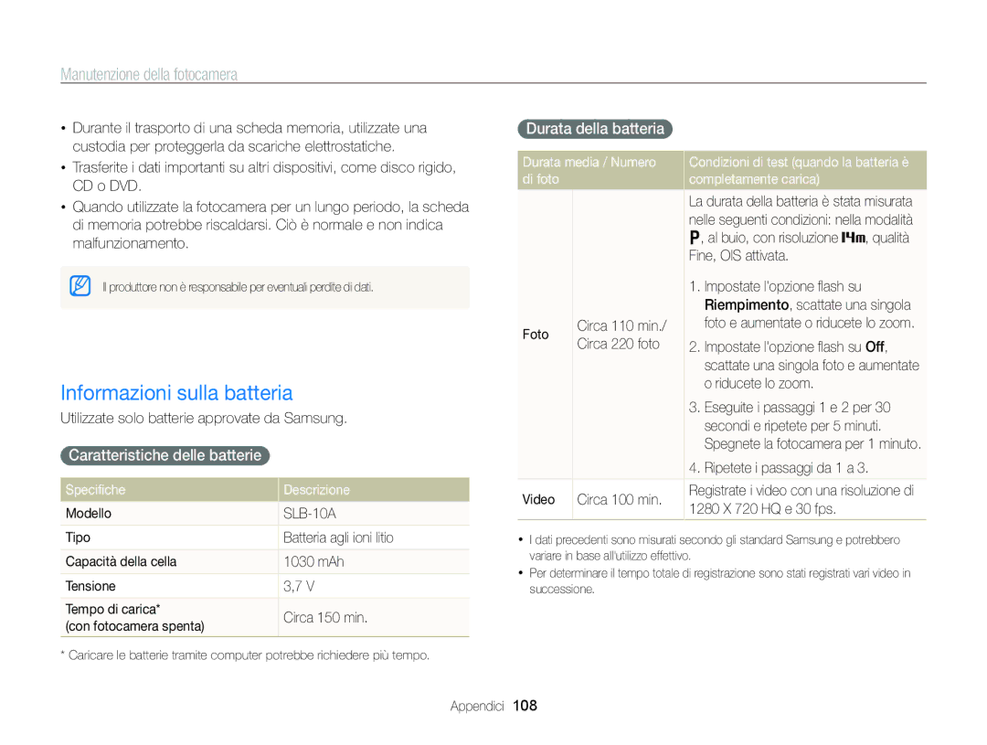 Samsung EC-WB700ZBPBE1 manual Informazioni sulla batteria, Caratteristiche delle batterie, Durata della batteria 