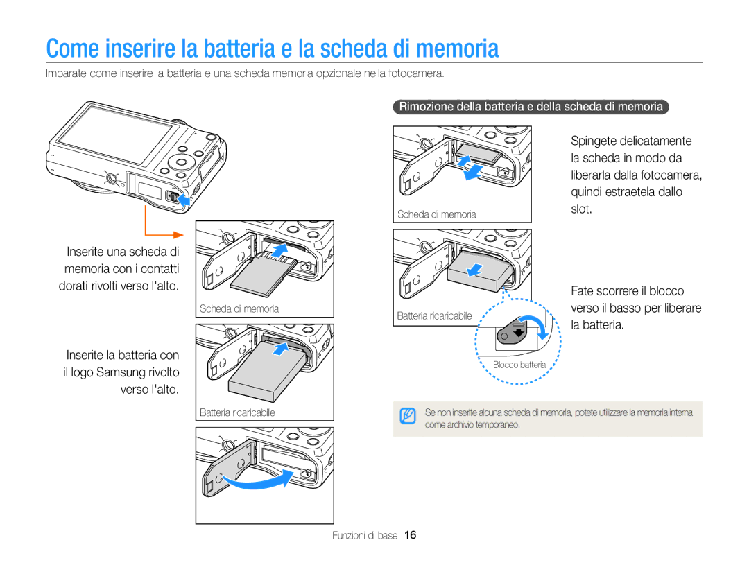 Samsung EC-WB700ZBPBE1 manual Come inserire la batteria e la scheda di memoria 