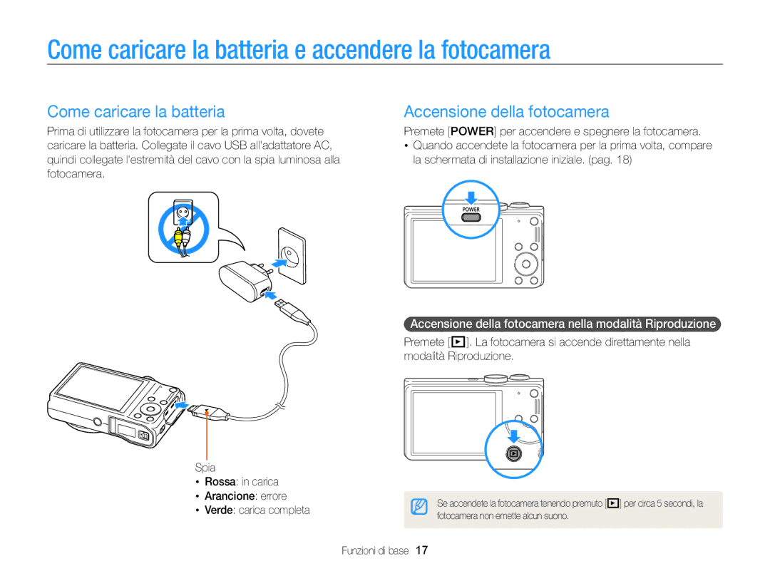 Samsung EC-WB700ZBPBE1 manual Come caricare la batteria e accendere la fotocamera, Accensione della fotocamera 