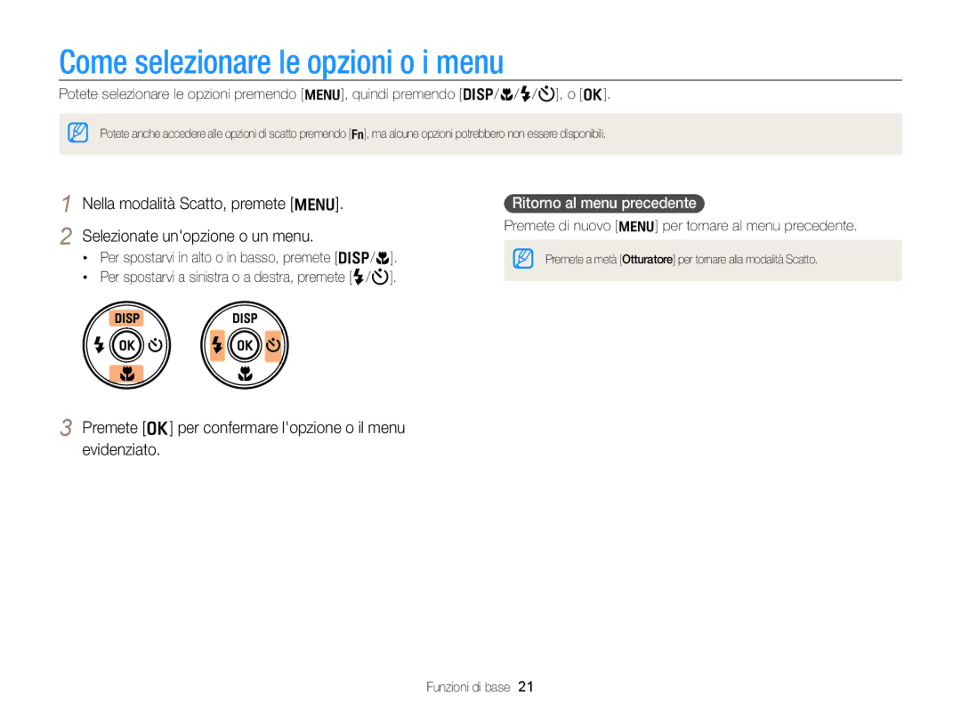 Samsung EC-WB700ZBPBE1 Come selezionare le opzioni o i menu, Selezionate unopzione o un menu, Ritorno al menu precedente 