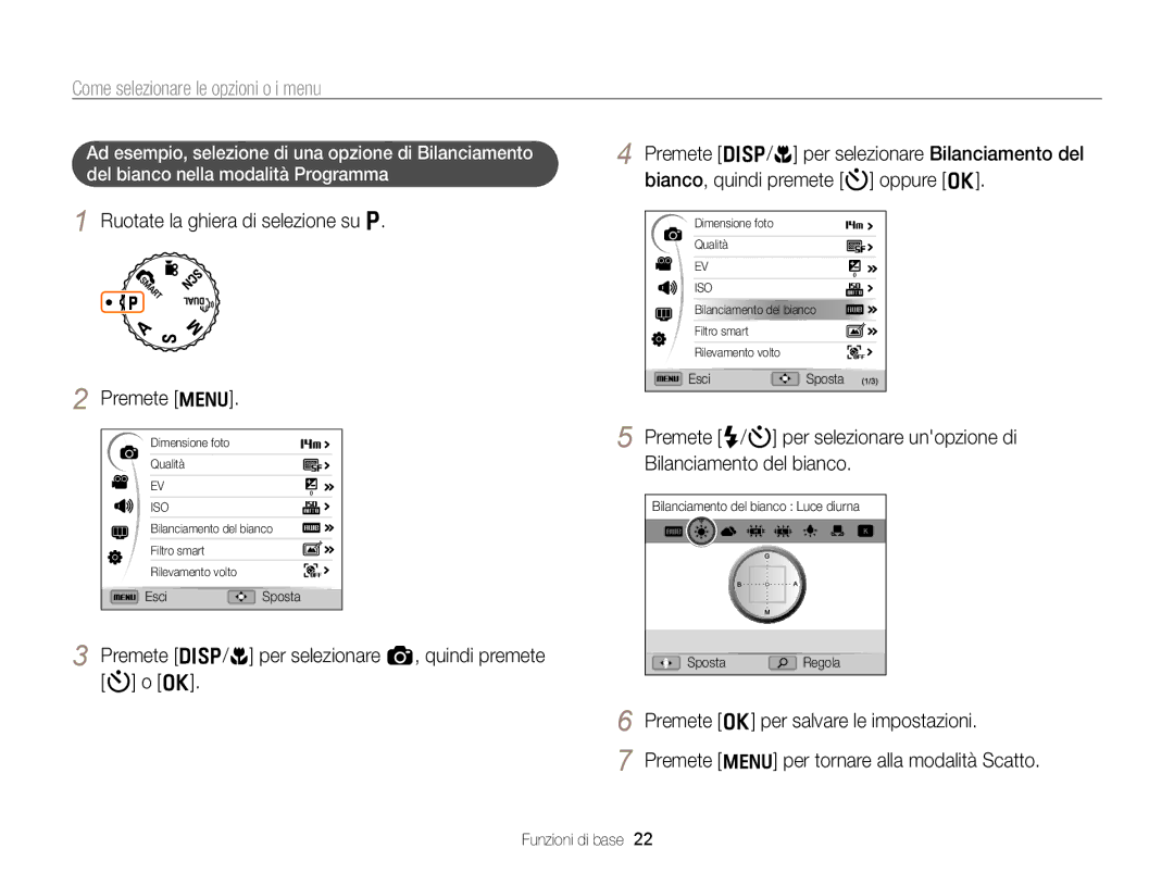 Samsung EC-WB700ZBPBE1 manual Come selezionare le opzioni o i menu, Ruotate la ghiera di selezione su p Premete m 