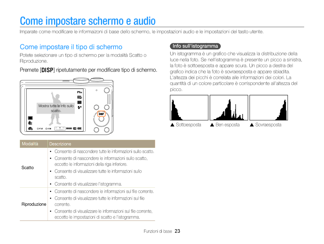 Samsung EC-WB700ZBPBE1 manual Come impostare schermo e audio, Come impostare il tipo di schermo, Info sullistogramma 